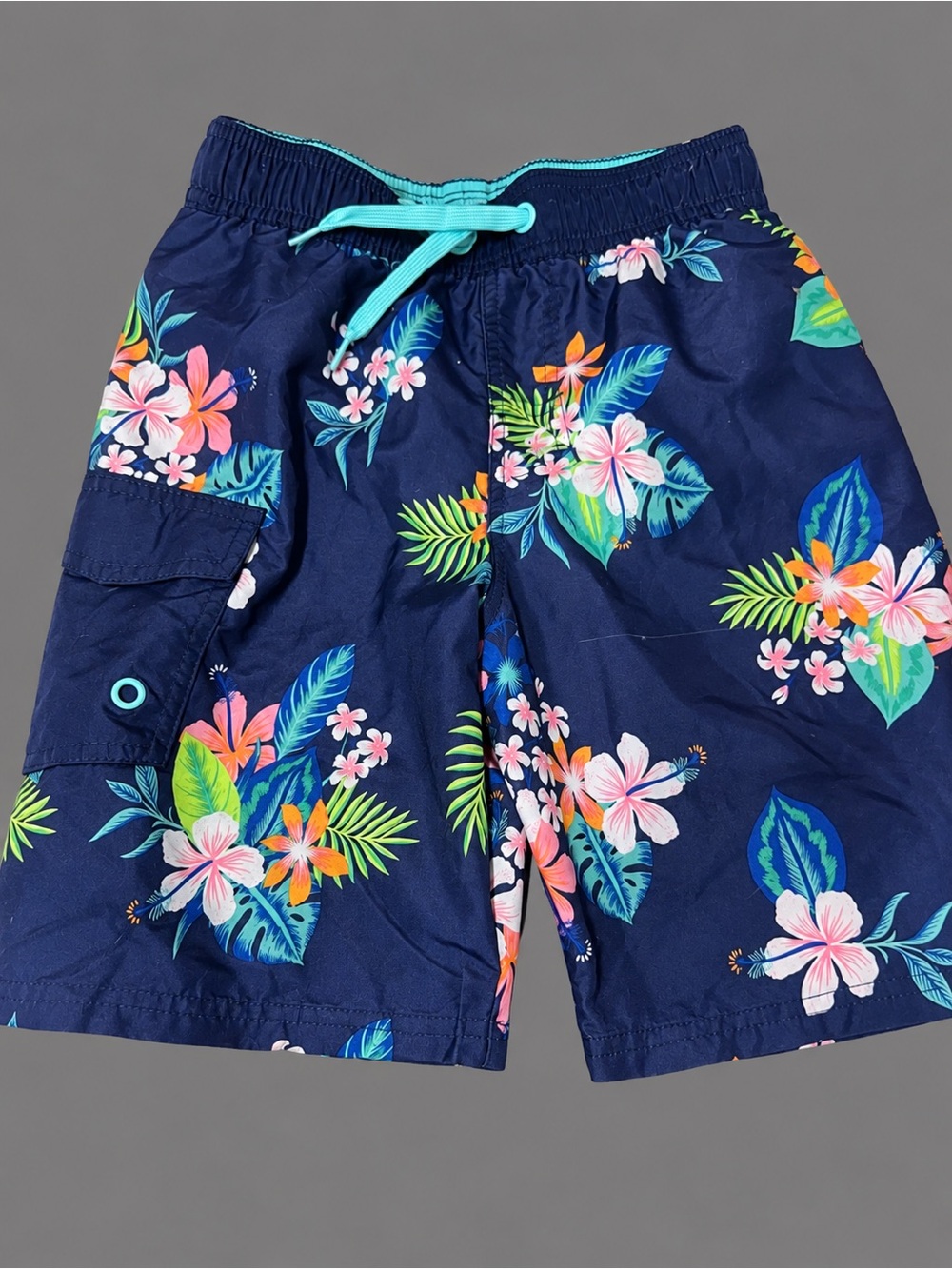 Cat & Jack Navy Floral Swim Shorts with Turquoise Drawstring